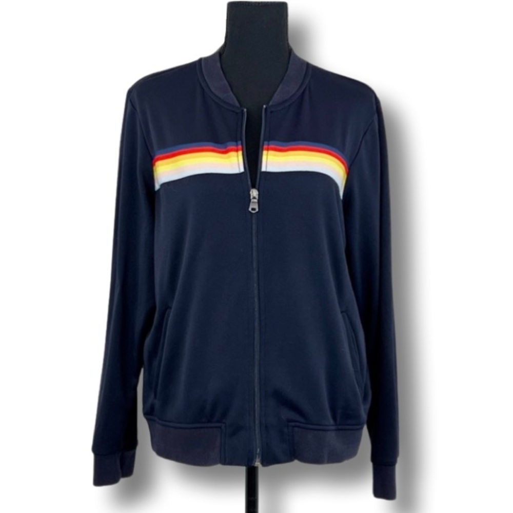 American Eagle Outfitters Womens Navy Blue Multi Stripe Baseball Style Jacket